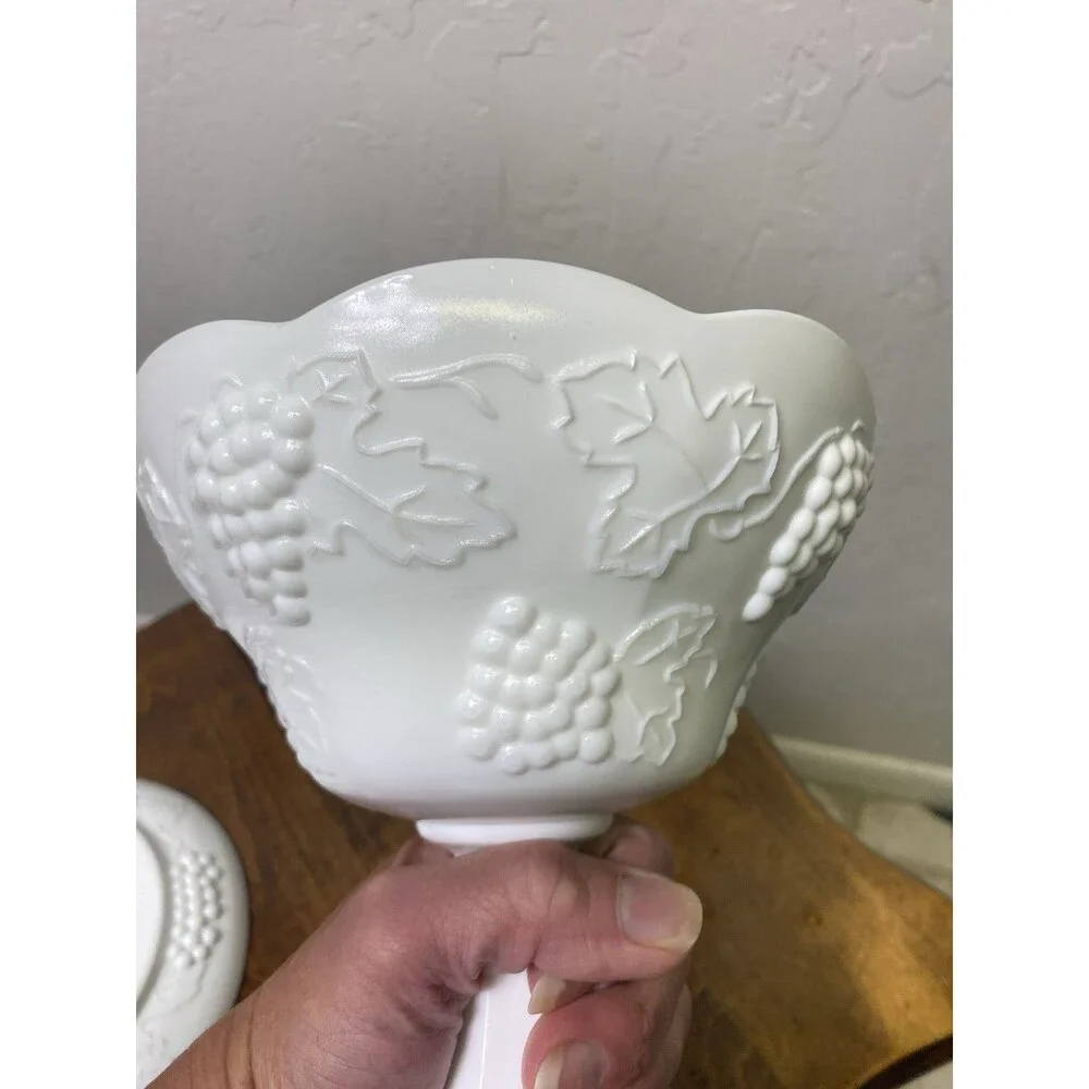 Vintage White Milk Glass Covered Compote Dish Grape Pattern Pedestal Bowl 10 in